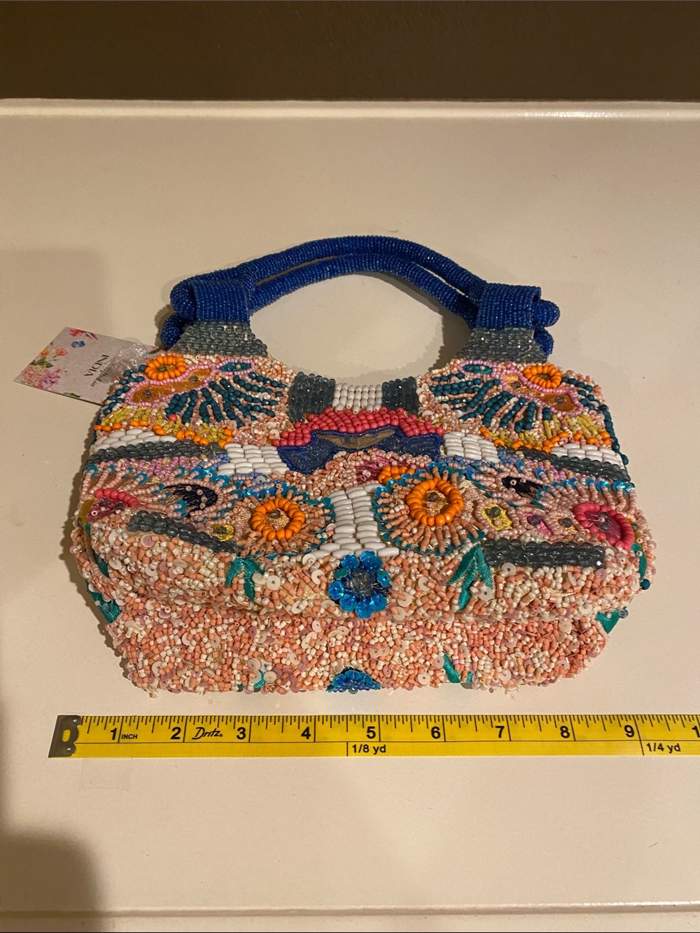 New Colorful Beaded Bag with Blue Handles - Picture 7 of 9